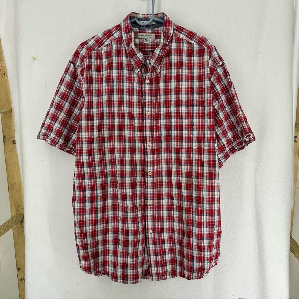 John Ashford Essentials Short Sleeve Plaid Button Up Shirt Men’s 2XL Red
